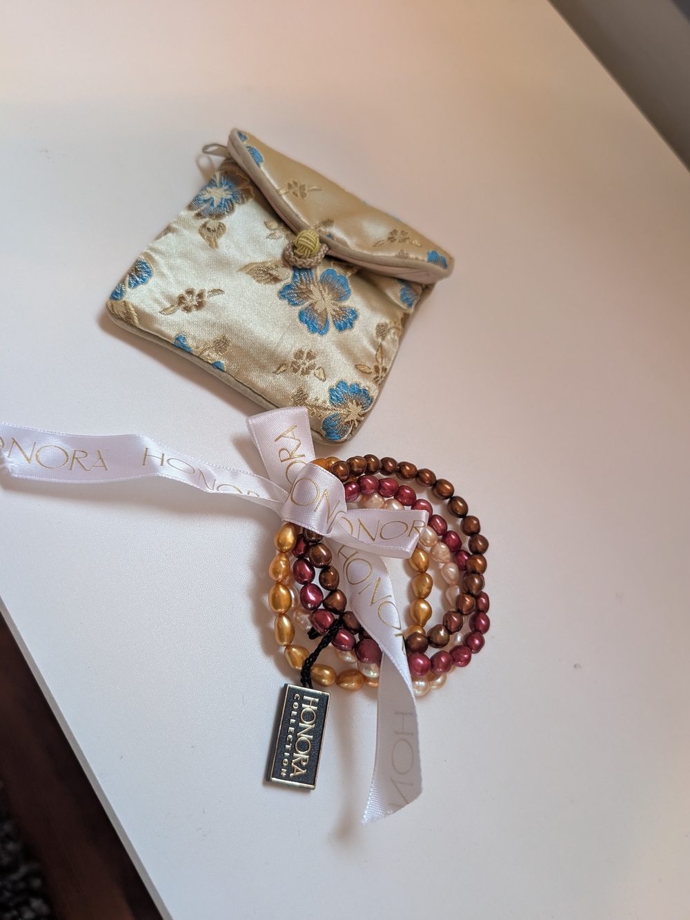 Honora Multicolor Pearl Bracelet Set with Floral Silk Pouch